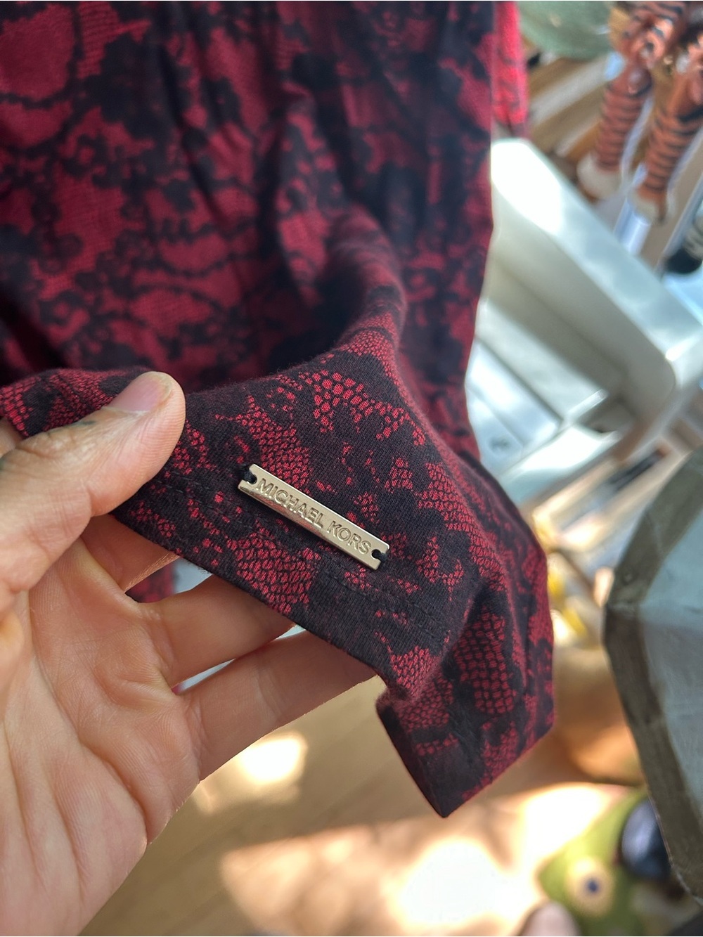 Michael Kors Red and Black Lace-Print Cold-Shoulder Long Sleeve Top - Picture 9 of 12